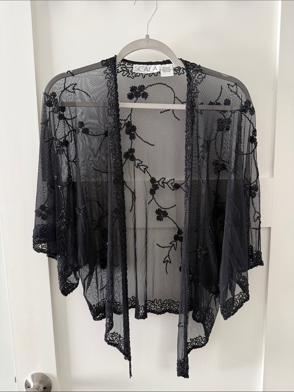 Scala Black Sheer Beaded Floral Kimono Top